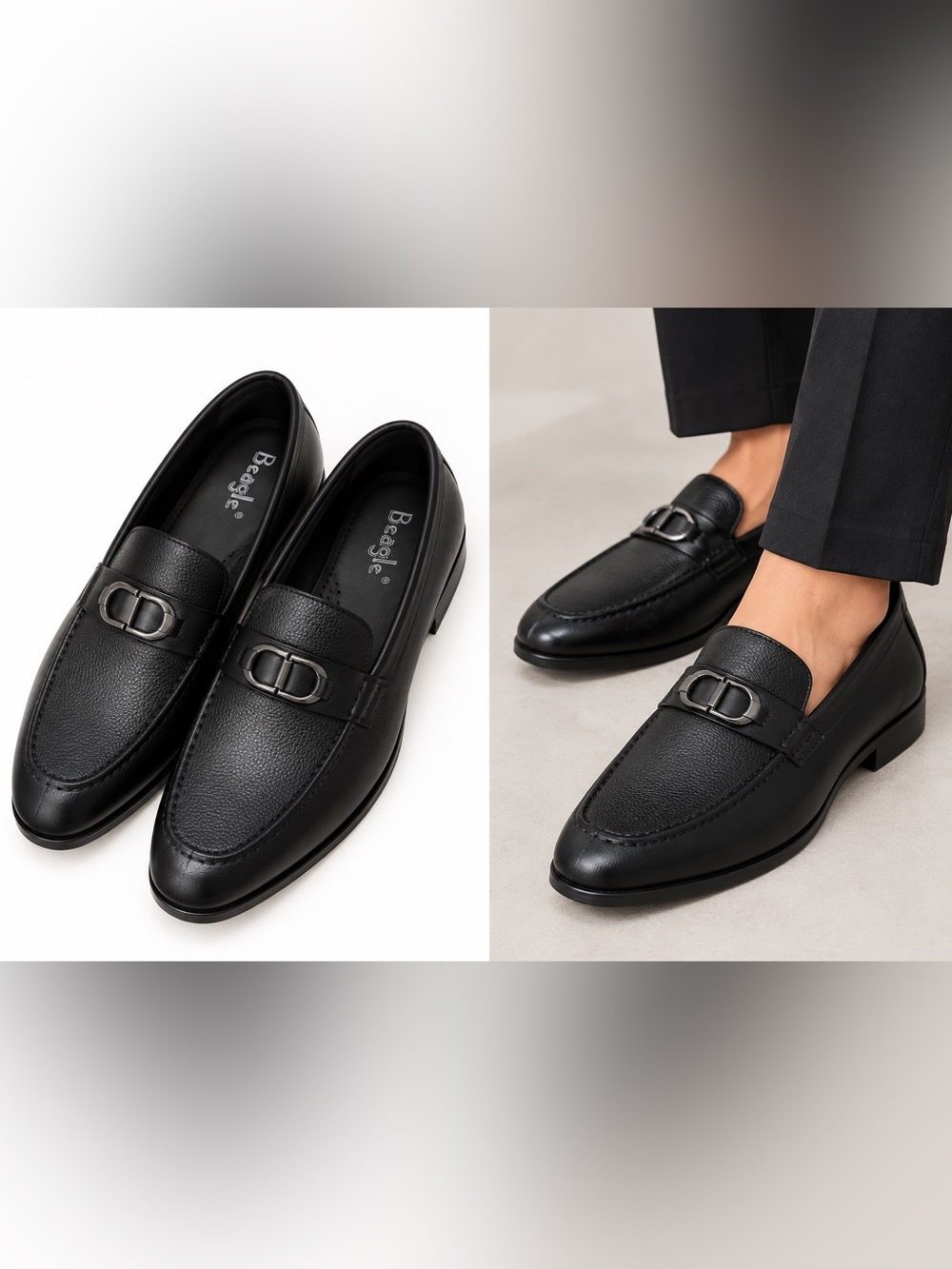 Black Leather Men's Slip-On Loafers with Tonal Metal Accent